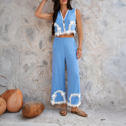 Women's Two-Piece Sleeveless Embroidered Set with Cropped Top