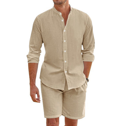 Men's Long Sleeve Button-Up Shirt and Shorts Two-Piece Set