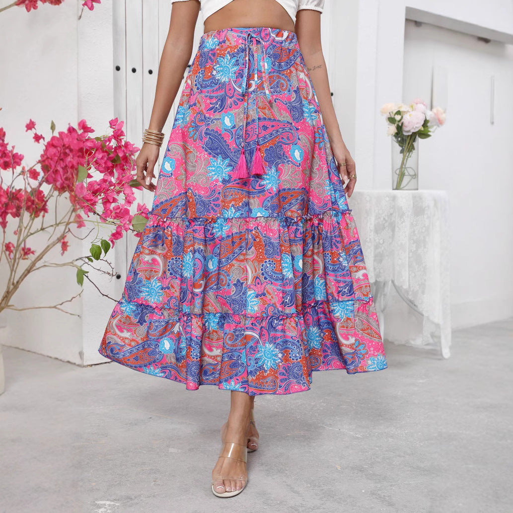 Women's Maxi Skirt with Boho Pattern and Tiered Drawstring Waist