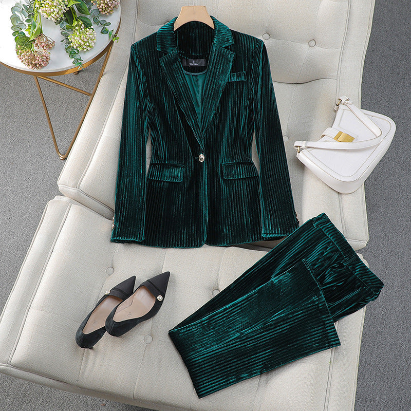 Women's Two-Piece Textured Blazer Suit Set with Tailored Fit