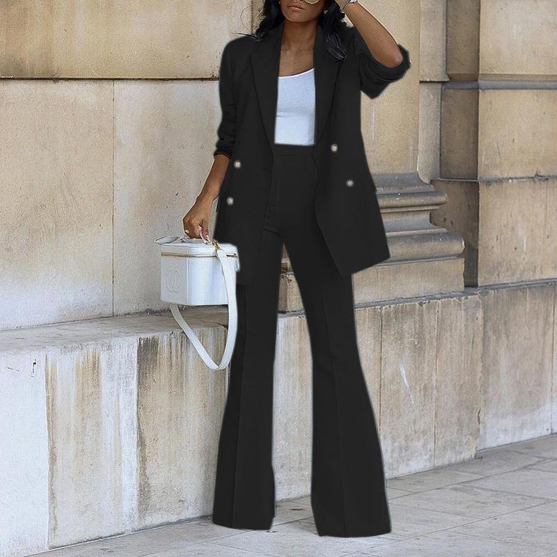 Women’s Two-Piece Suit Set with Double-Breasted Blazer and Flared Pants