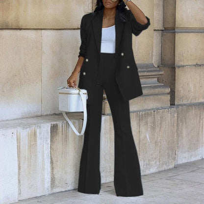 Women’s Two-Piece Suit Set with Double-Breasted Blazer and Flared Pants