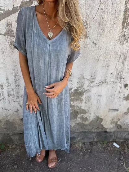 Women's Loose Fit Maxi Dress with V-Neck and Short Sleeves