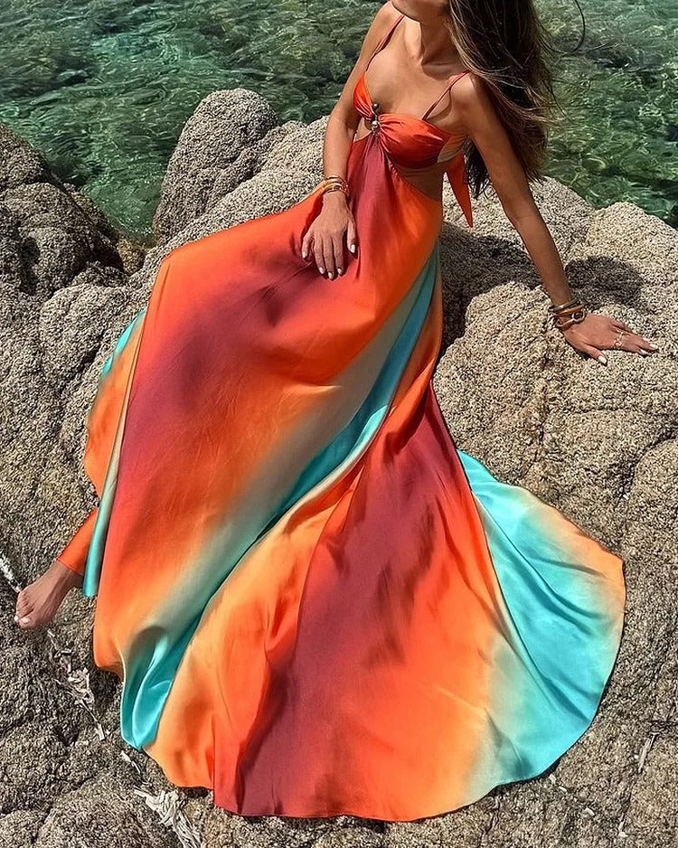 Women's Ombre Maxi Dress with Jewel Front and Cut-Out Waist
