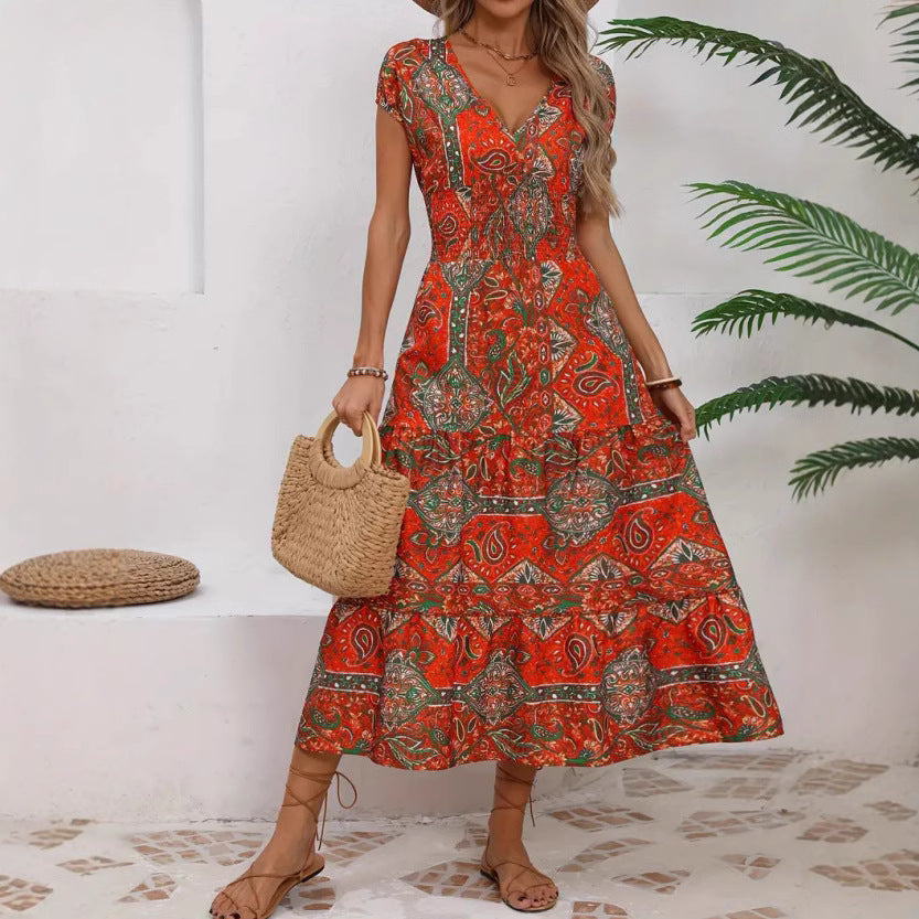 Women's V-Neck Midi Dress with Tiered Skirt and Flowy A-Line Fit