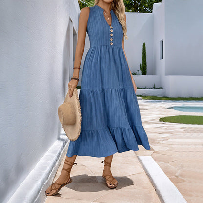 Women's Sleeveless Button-Front Boho Maxi Dress with Tiered Skirt