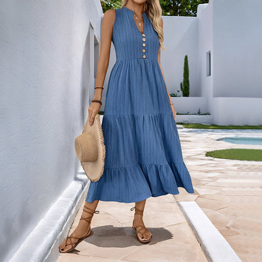 Women's Sleeveless Button-Front Boho Maxi Dress with Tiered Skirt