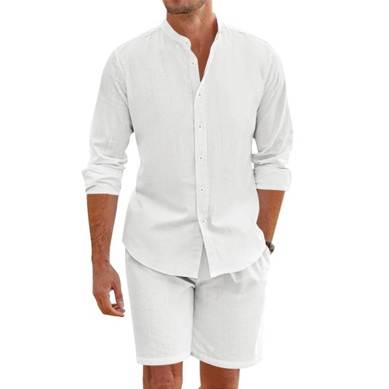Men's Long Sleeve Button-Up Shirt and Shorts Two-Piece Set