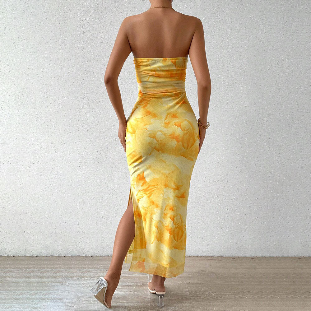 Women's Strapless Mesh Maxi Dress with Side Slit Detail