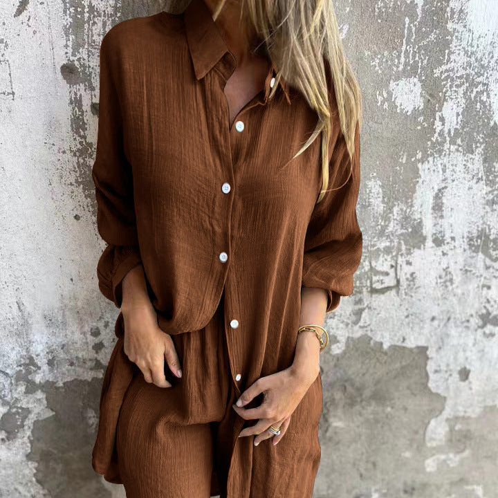 Women's Relaxed Two-Piece Outfit with Button Shirt and Shorts