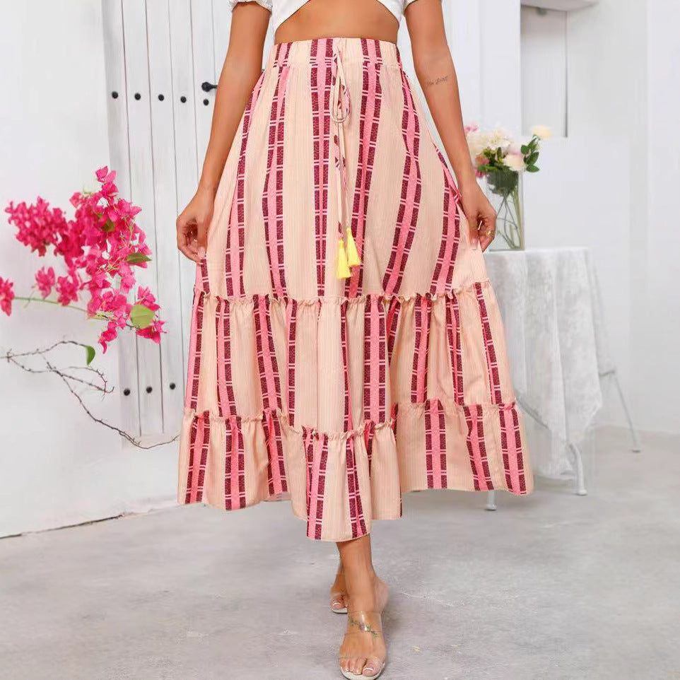 Women's Maxi Skirt with Boho Pattern and Tiered Drawstring Waist