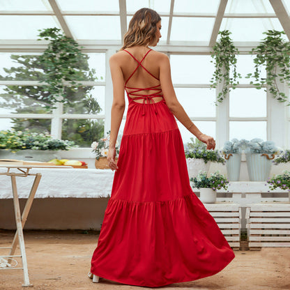 Women's Tiered Backless Maxi Dress with Spaghetti Straps
