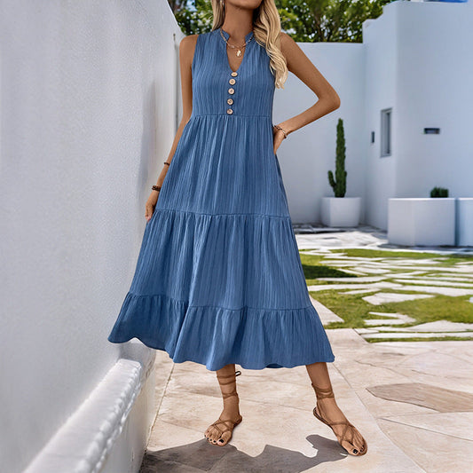 Women's Sleeveless Button-Front Boho Maxi Dress with Tiered Skirt