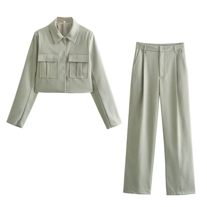 Women's Modern Two-Piece Set with Cropped Jacket and Wide-Leg Pants