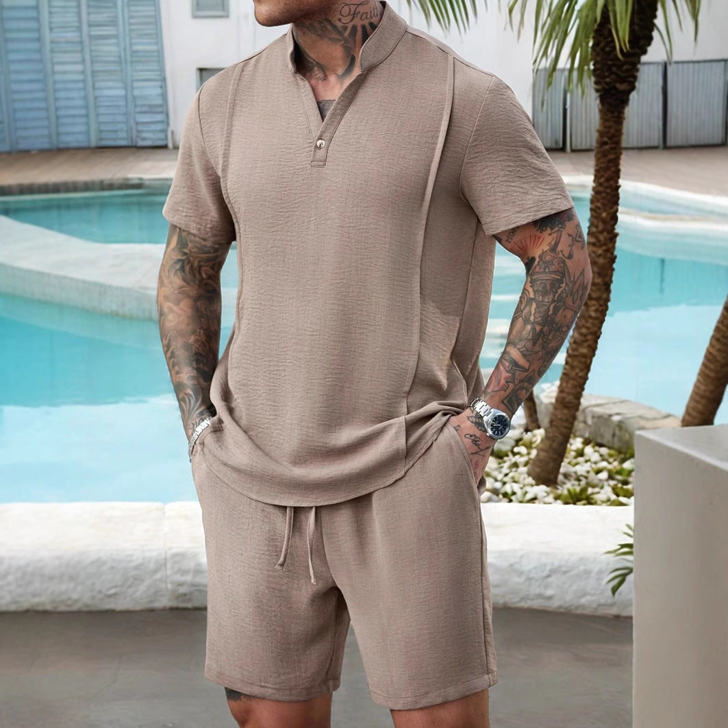 Men's Short-Sleeve Henley Shirt and Shorts Two-Piece Set