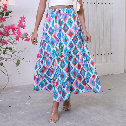 Women's Maxi Skirt with Boho Pattern and Tiered Drawstring Waist