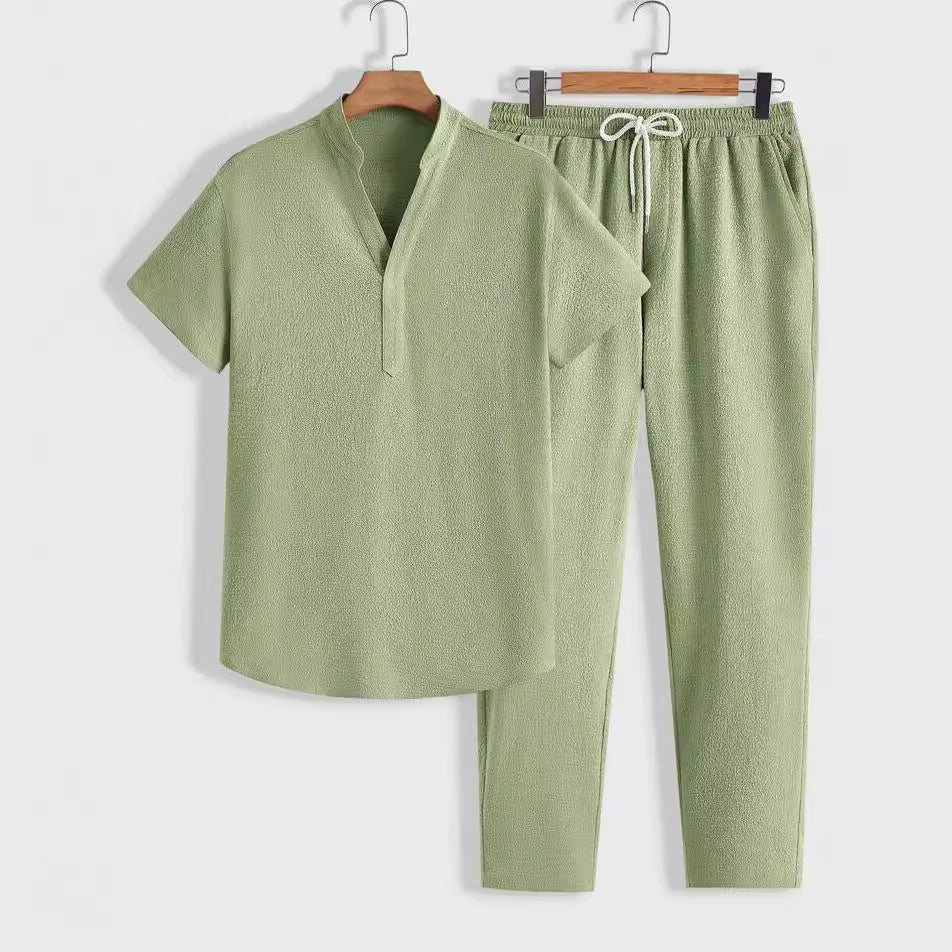 Men's Short-Sleeve Top and Drawstring Trousers Two-Piece Set