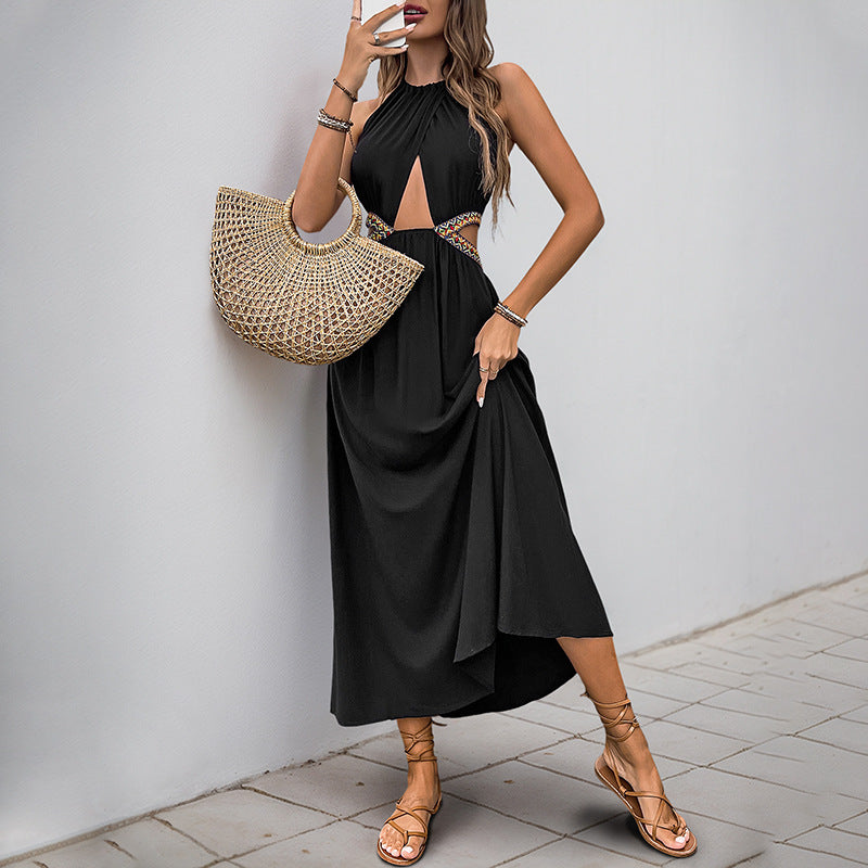 Women's Halter Neck Maxi Dress with Cut-Out Waist and Knot Front