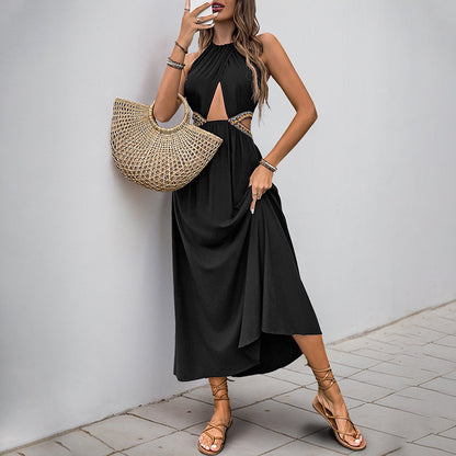 Women's Halter Neck Maxi Dress with Cut-Out Waist and Knot Front