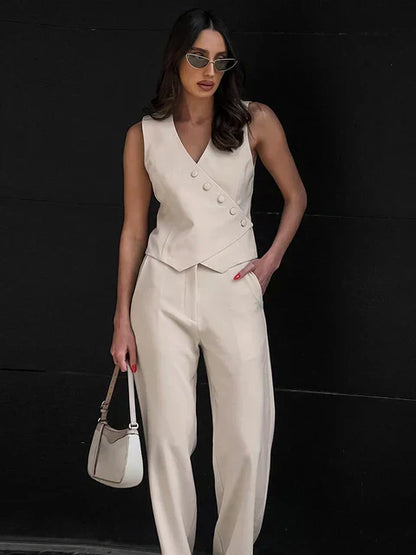 Women’s Two-Piece Suit Set with Sleeveless Top and Wide-Leg Trousers