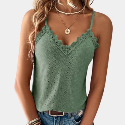 Women's Sleeveless Lace-Trim V-Neck Top with Eyelet Detailing