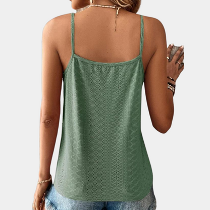 Women's Sleeveless Lace-Trim V-Neck Top with Eyelet Detailing