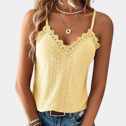 Women's Sleeveless Lace-Trim V-Neck Top with Eyelet Detailing