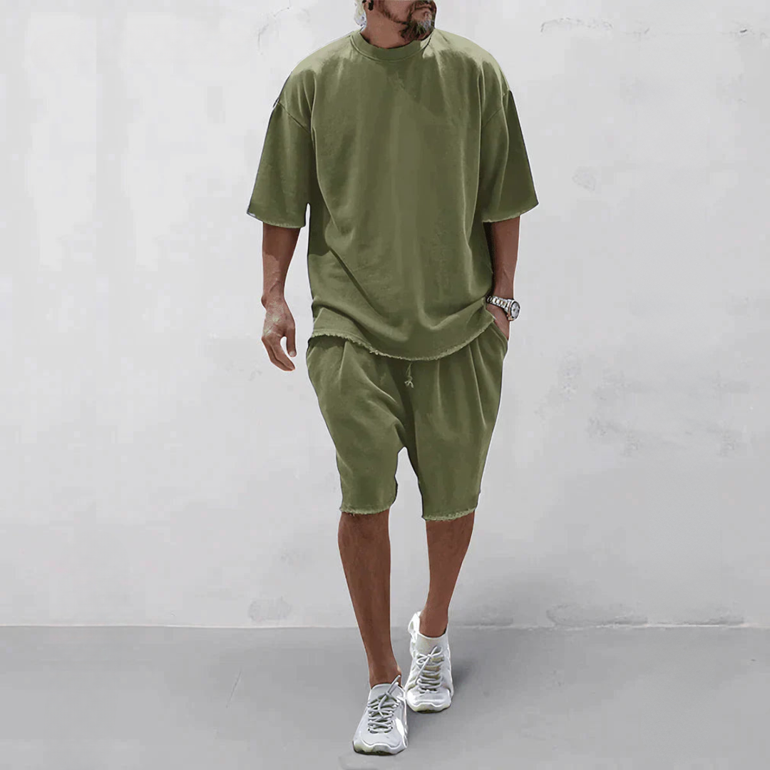 Men's Raw-Edge T-Shirt and Knee-Length Shorts Set