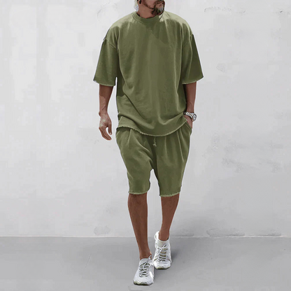 Men's Raw-Edge T-Shirt and Knee-Length Shorts Set