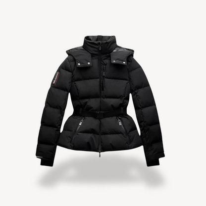 Women's Black Waterproof Belted Puffer Jacket with High Collar