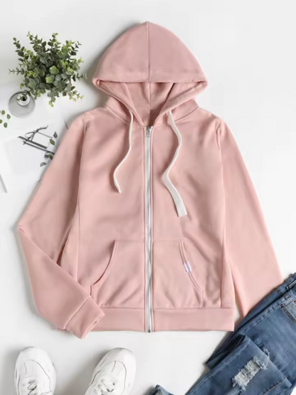 Women's Casual Zip-Up Hoodie with Adjustable Drawstring Hood