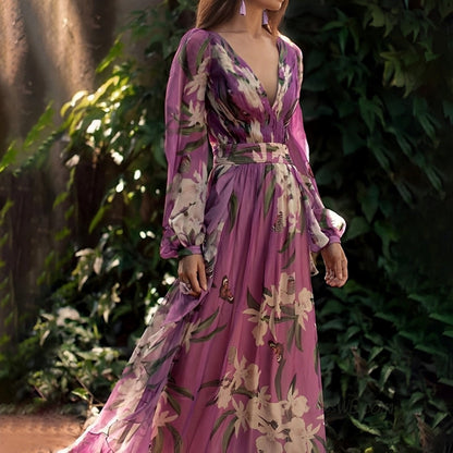 Women's Long Sleeve Chiffon Maxi Dress with Floral Print and V-Neck