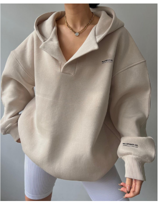 Women's Oversized Pullover Hoodie with Open V-Neck Collar Design
