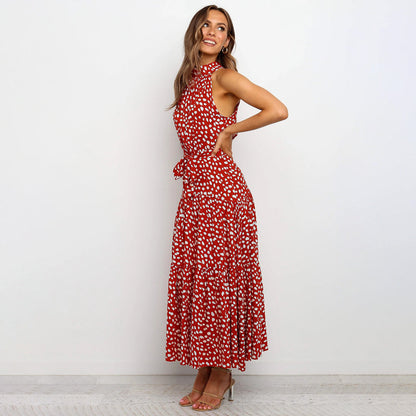 Women’s Polka Dot Halter Neck Maxi Dress with Tie Waist