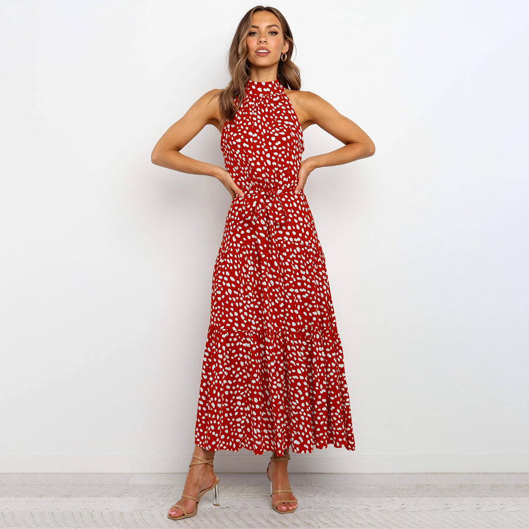 Women’s Polka Dot Halter Neck Maxi Dress with Tie Waist