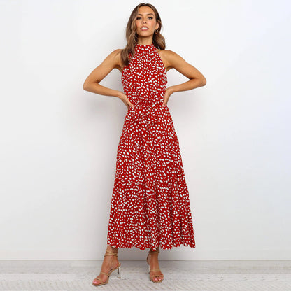 Women’s Polka Dot Halter Neck Maxi Dress with Tie Waist