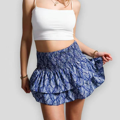 Women's Printed Mini Skirt with Smocked Waist and Ruffle Layers