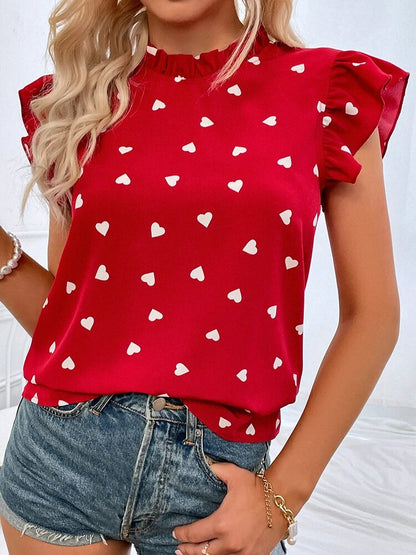 Women's Ruffle Sleeve High Neck Top with Heart Print
