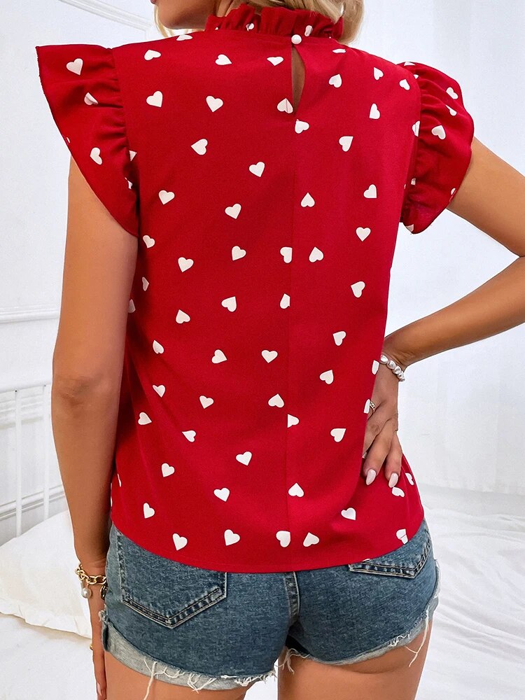 Women's Ruffle Sleeve High Neck Top with Heart Print