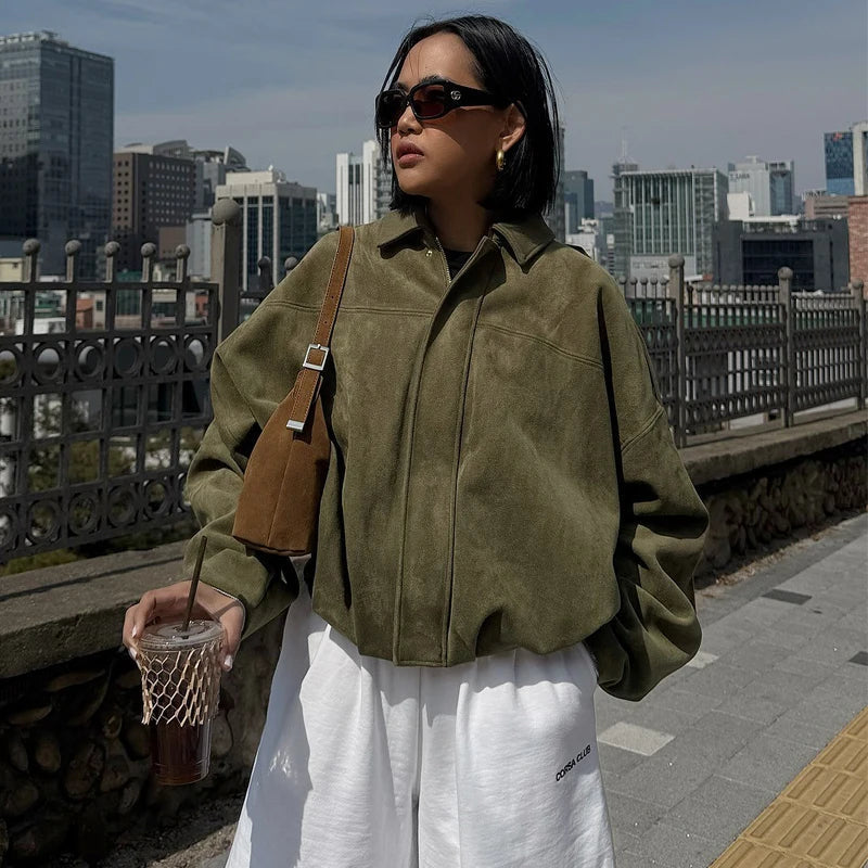 Women's Cropped Bomber Jacket with Lapel Collar and Zip Front