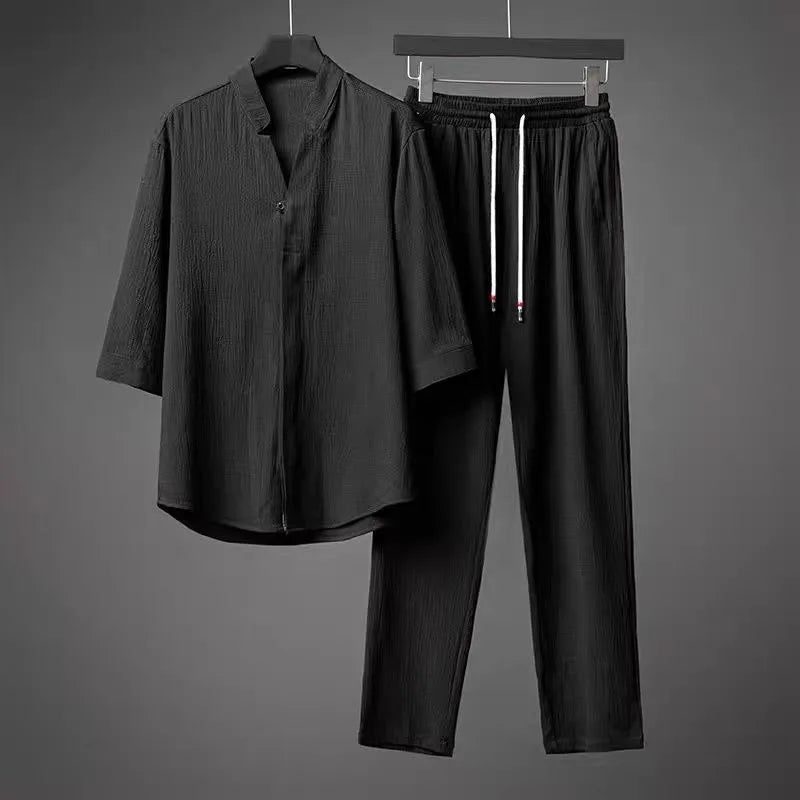 Men's Relaxed Two-Piece Set with Long Sleeve Shirt and Pants