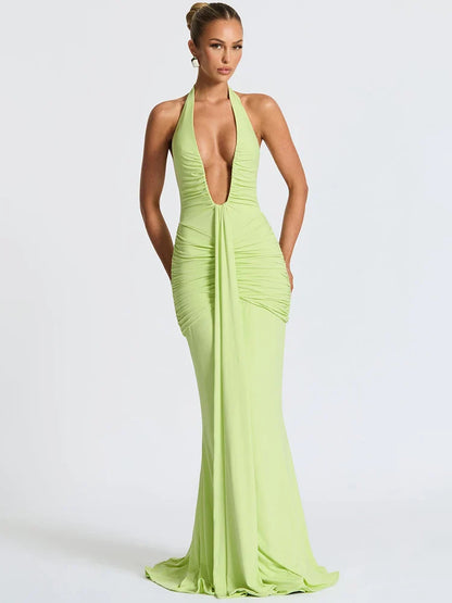 Women's Halter Maxi Dress with Deep V Neck and Draped Ruched Waist