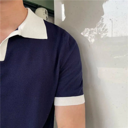 Men's Short Sleeve Polo Shirt with Contrast Collar and Ribbed Hem