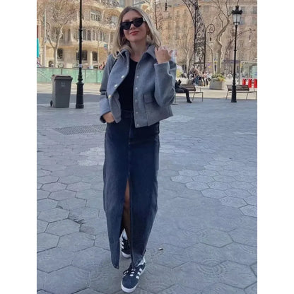 Women's Cropped Aviator Bomber Jacket with Button Front & Pockets