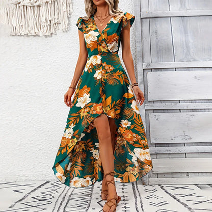 Women's High-Low Floral Maxi Dress with V-Neck and Cap Sleeve Detail