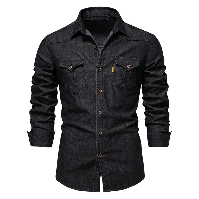 Men's Long-Sleeve Button-Front Shirt with Classic Chest Pocket
