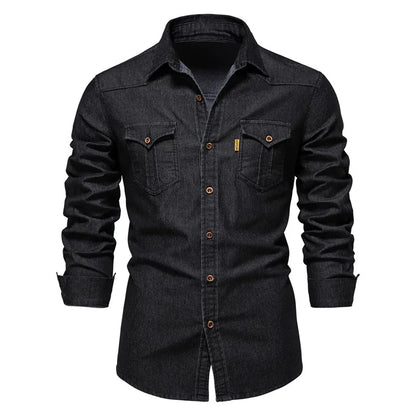 Men's Long-Sleeve Button-Front Shirt with Classic Chest Pocket