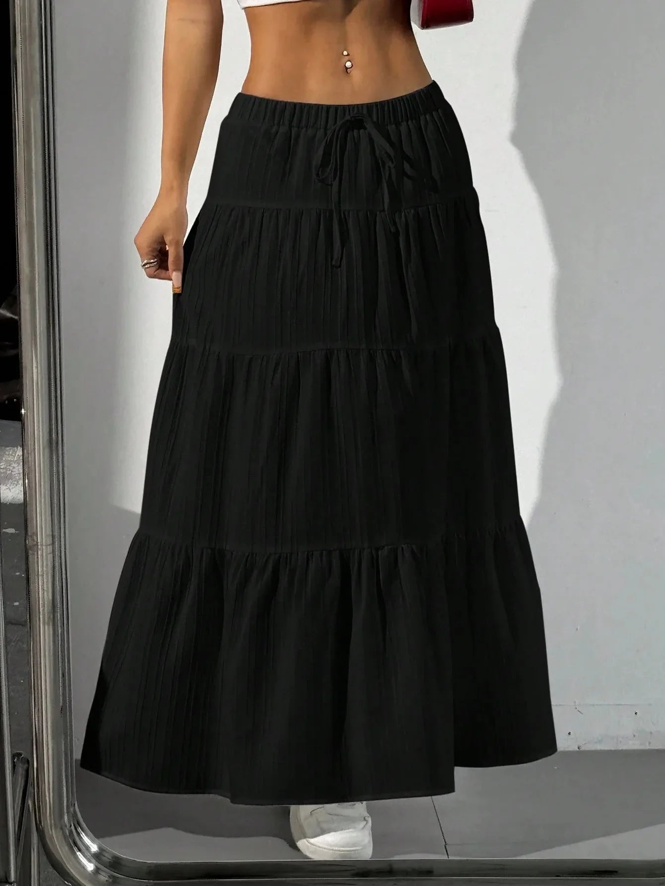 Women's Tiered Maxi Skirt with Drawstring Waist and Flowy Fit