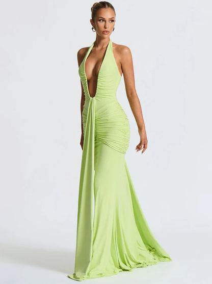 Women's Halter Maxi Dress with Deep V Neck and Draped Ruched Waist