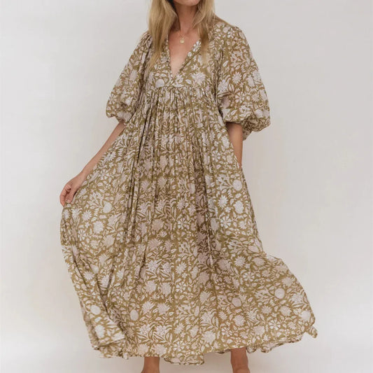 Women's Floral Maxi Dress with V Neck 3/4 Loose Lantern Sleeves